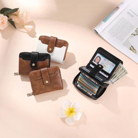 Women's Small Leather RFID Wallet Bifold Zipper Card Case with ID Window - Picture 9 of 11